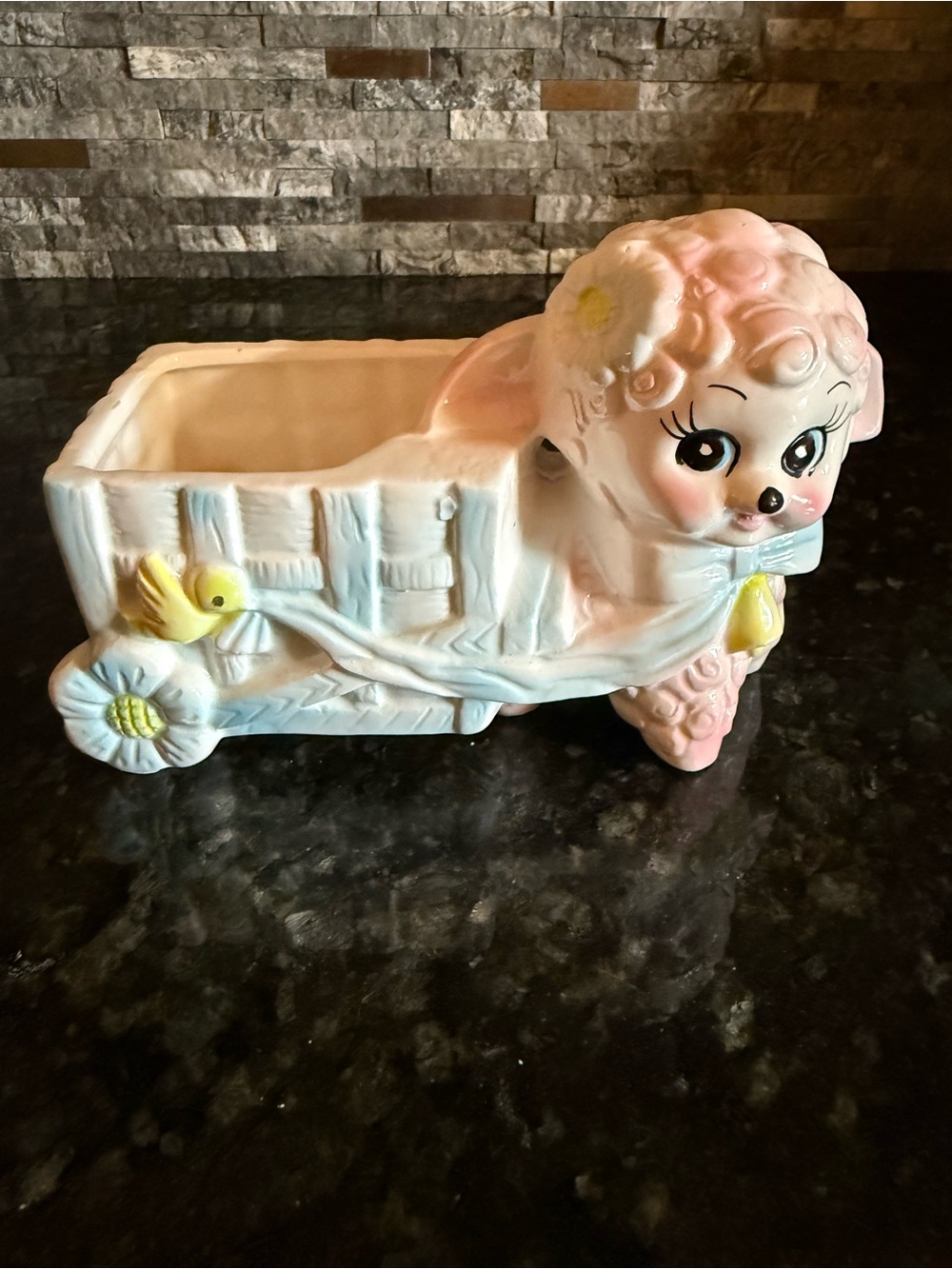 Vintage Relpo Ceramic Lamb Planter with Pastel Pink and Yellow Accents